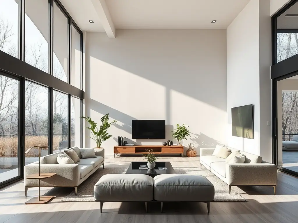 Zdjęcie nowoczesnego, minimalistycznego salonu z jasnymi drewnianymi elementami i dużymi oknami, prezentujące koncepcję wnętrza.