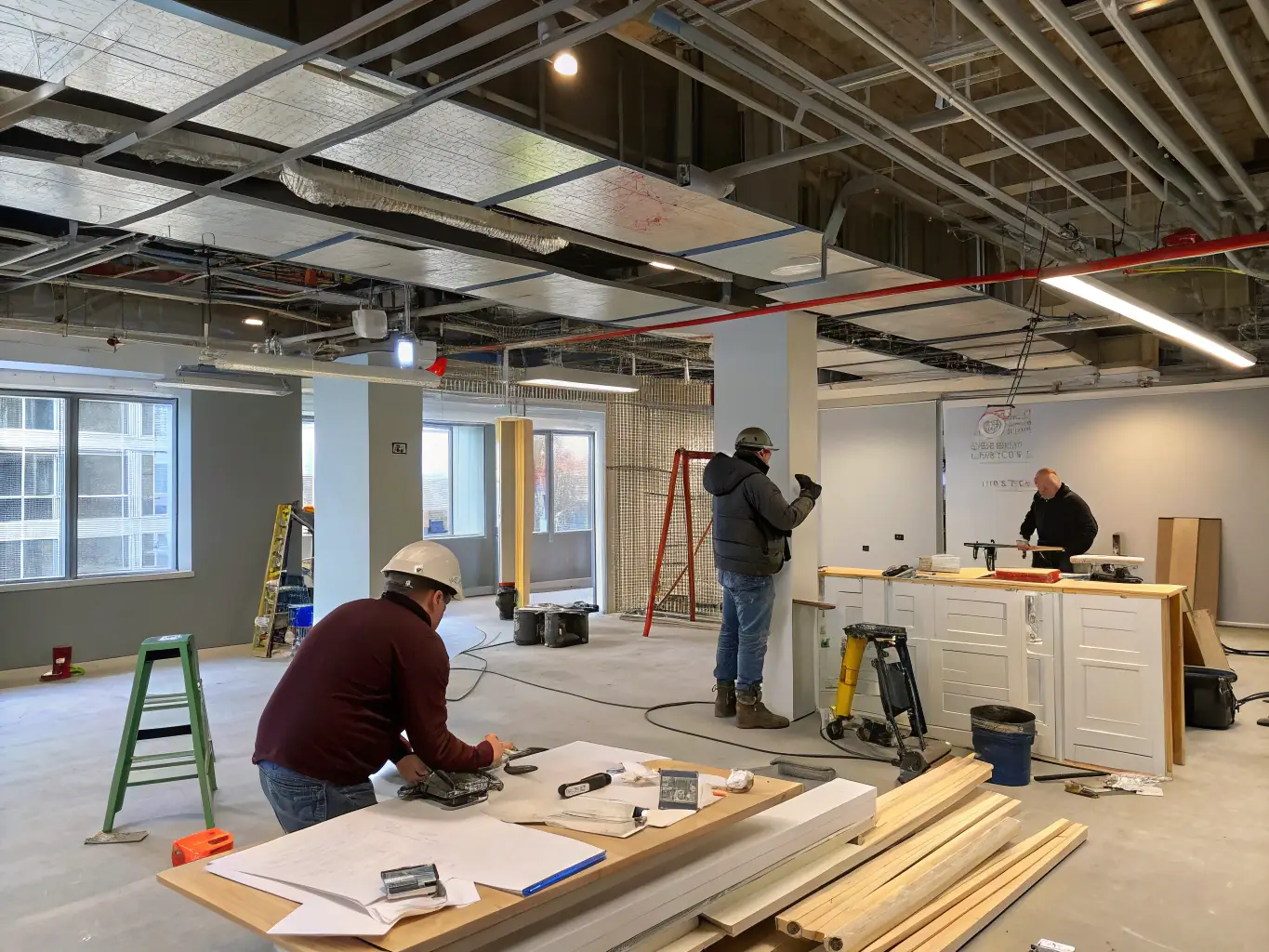 Zdjęcie ekipy budowlanej podczas prac wykończeniowych w nowoczesnym wnętrzu, ilustrujące nadzór architektoniczny.