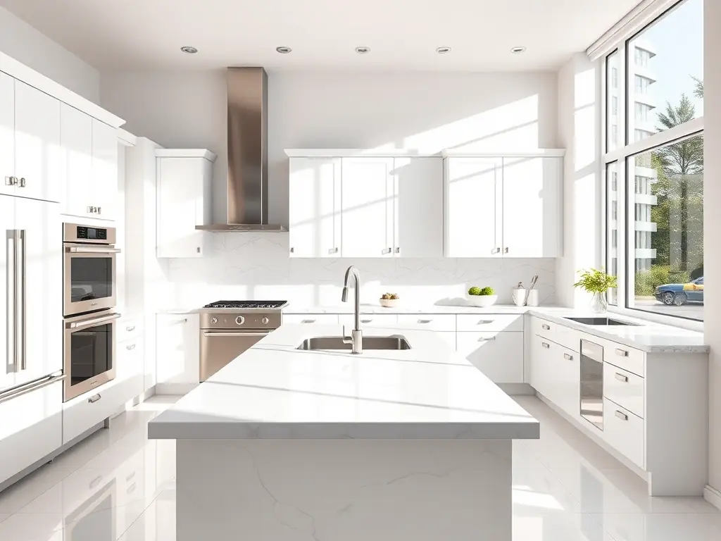 A photorealistic 3D visualization of a modern kitchen with sleek cabinets and state-of-the-art appliances, created by topqrest Design Studio. The image should highlight the attention to detail and realistic rendering.
