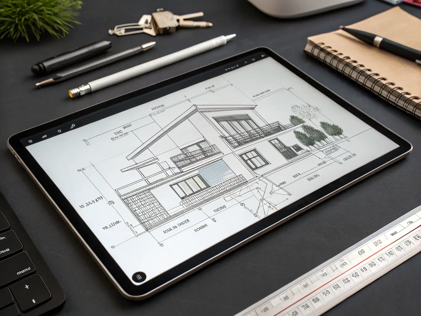 Zdjęcie zbliżające pokazujące dłoń architekta rysującego detale projektu wnętrza na tablecie graficznym. W tle widoczne próbki materiałów i paleta kolorów.