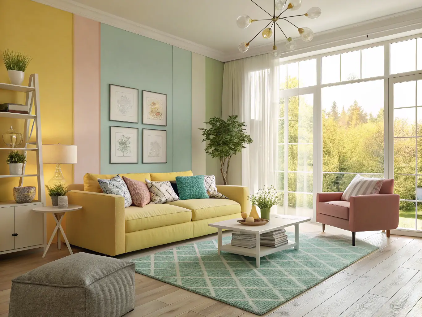 A bright, modern living room with Scandinavian-style furniture, showcasing a concept design by topqrest Design Studio. The image should emphasize the clean lines and natural light.