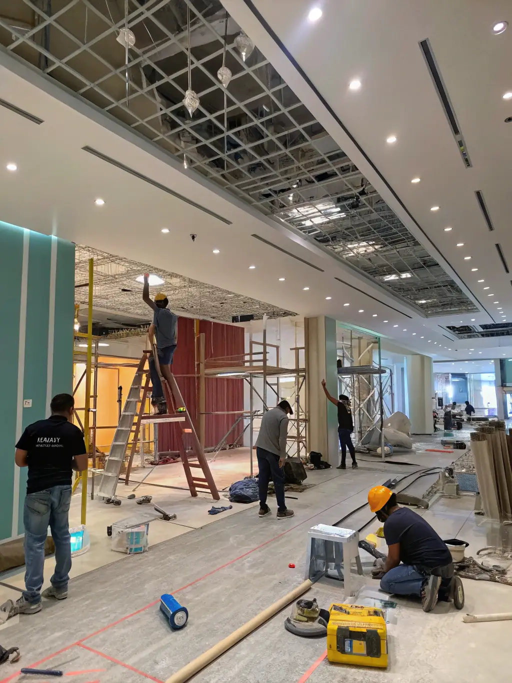 Zdjęcie ekipy budowlanej podczas prac wykończeniowych w nowoczesnym wnętrzu, prezentujące nadzór architektoniczny.
