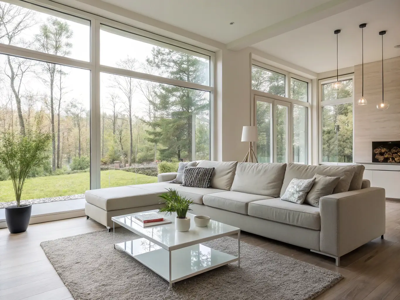 Zdjęcie nowoczesnego salonu w stylu skandynawskim z dużymi oknami, jasnymi ścianami i minimalistycznymi meblami. Na pierwszym planie wygodna sofa i stolik kawowy z naturalnego drewna.