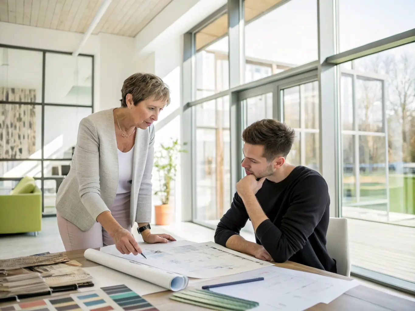 Zdjęcie uśmiechniętej projektantki wnętrz rozmawiającej z klientem w nowoczesnym biurze. Na stole leżą plany i wizualizacje projektu.