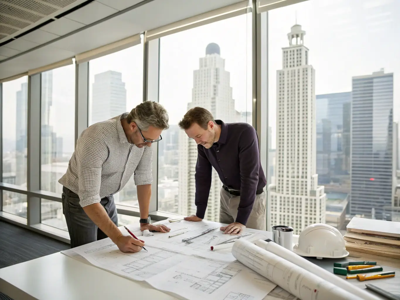 An architect overseeing the renovation of a modern apartment, ensuring that the project is executed according to the design plans. The image should convey professionalism and attention to detail.